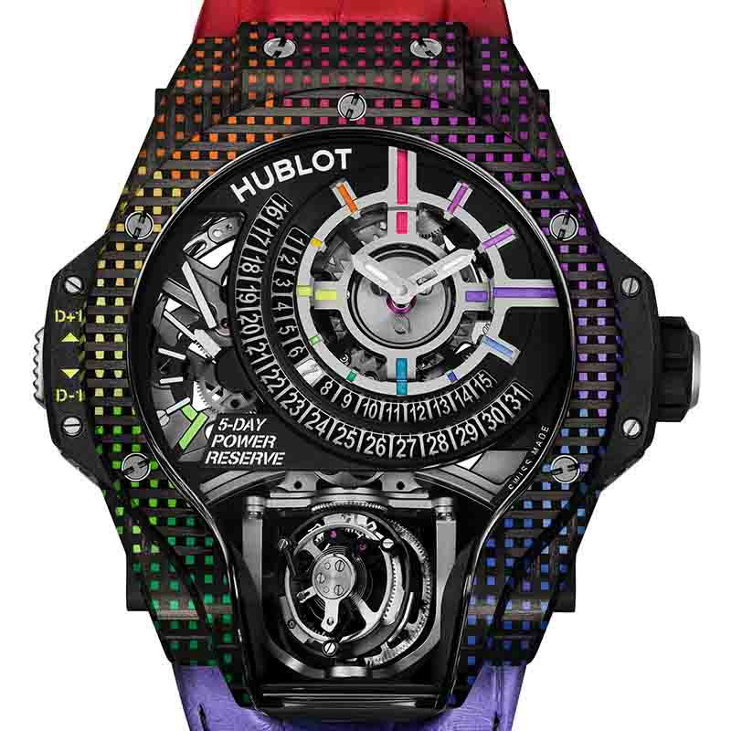 HUBLOT MP 09 TOURBILLON BI-AXIS 5 DA YS POWER RESERVE RAINBOW 3D CARBON  <br>ウブロ MP-09 トゥールビヨン バイ-アクシス 5デイズ パワーリザーブ レインボー 3Dカーボン <br>909.QDRB.1120.LR