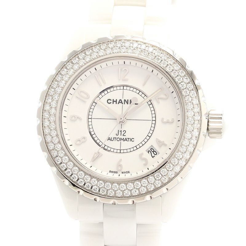 中古】CHANEL J12 WHITE CERAMIC DIAMOND BEZEL 38MM シャネル J12