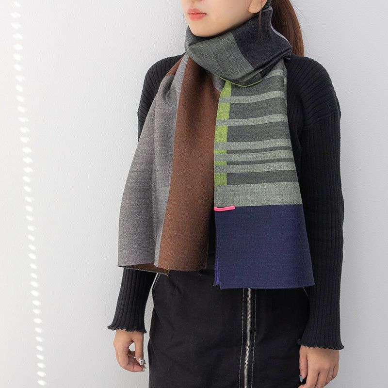 POLS ポルス ウールジャガード ストール ネイビー グリーン SJQW-0003 NGT