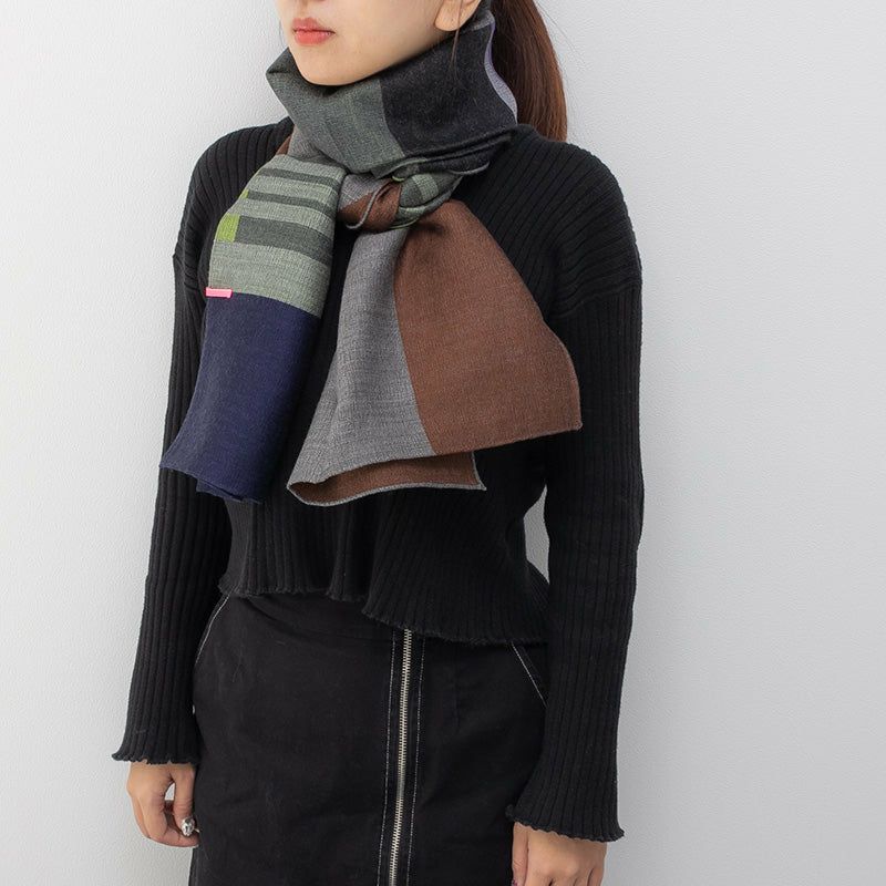 POLS ポルス ウールジャガード ストール ネイビー グリーン SJQW-0003 NGT