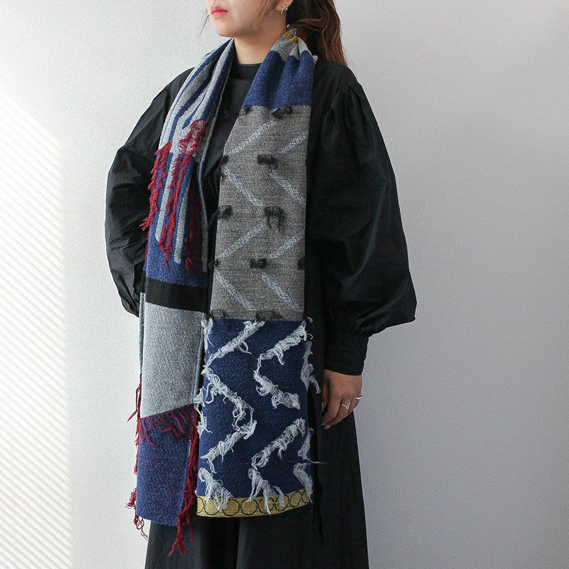 POLS ポルス ウールカット ジャガード ストール マフラー マリン グレー  SCWOH-CNT-2207-MAR