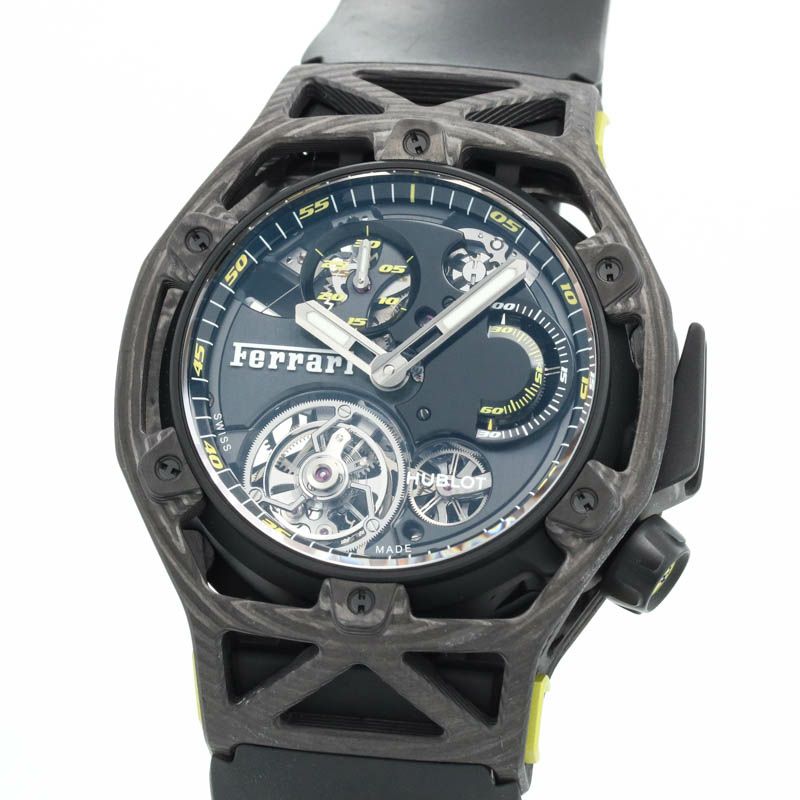 【中古】HUBLOT  <br>TECHFRAME FERRARI TOURBILLON CHRONOGRAPH LIMITED TO 70  <br>ウブロ <br>テクフレーム フェラーリ トゥールビヨン クロノグラフ 世界限定70本 <br>408.QU.0129.RX
